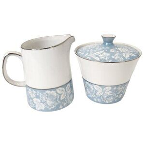 Style House Fine China Creamer and Sugar Bowl with Lid Blue Floral Pattern Damas